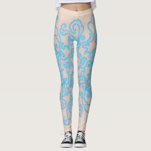Blue Neon Abstract Line Art Trendy Perzik Leggings (Voorkant)