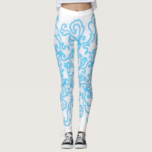 Blue Neon Abstract Line Art Trendy Witte Leggings (Voorkant)