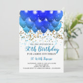 Blue Neon Balloons Confetti 50th Birthday Party Kaart (Staand voorkant)