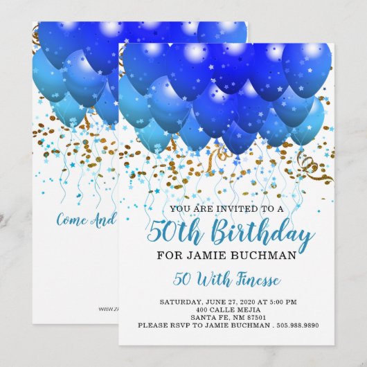 Blue Neon Balloons Confetti 50th Birthday Party Kaart (Voorkant / Achterkant)