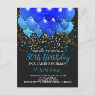 Blue Neon Balloons Confetti 50th Birthday Party Uitnodiging Briefkaart