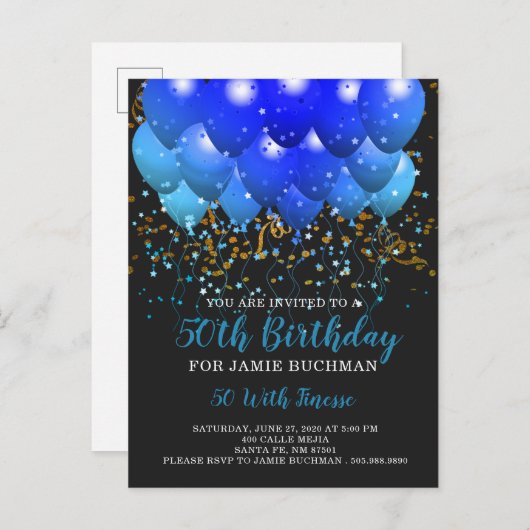 Blue Neon Balloons Confetti 50th Birthday Party Uitnodiging Briefkaart (Voorkant / Achterkant)