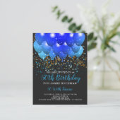 Blue Neon Balloons Confetti 50th Birthday Party Uitnodiging Briefkaart (Staand voorkant)