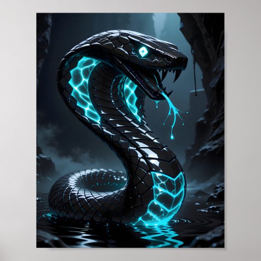 Blue Neon Black Snake Glowing Cobra Fantasy Poster (Voorkant)
