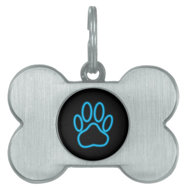 Blue Neon Dog Paw Print Huisdieren Naamplaatje (voorkant)
