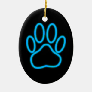 Blue Neon Dog Paw Print Keramisch Ornament