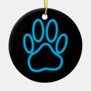 Blue Neon Dog Paw Print Keramisch Ornament
