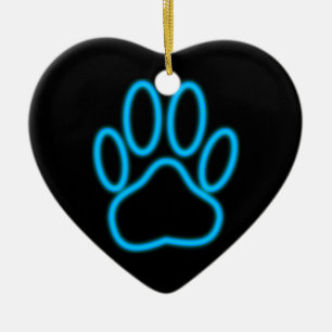 Blue Neon Dog Paw Print Keramisch Ornament