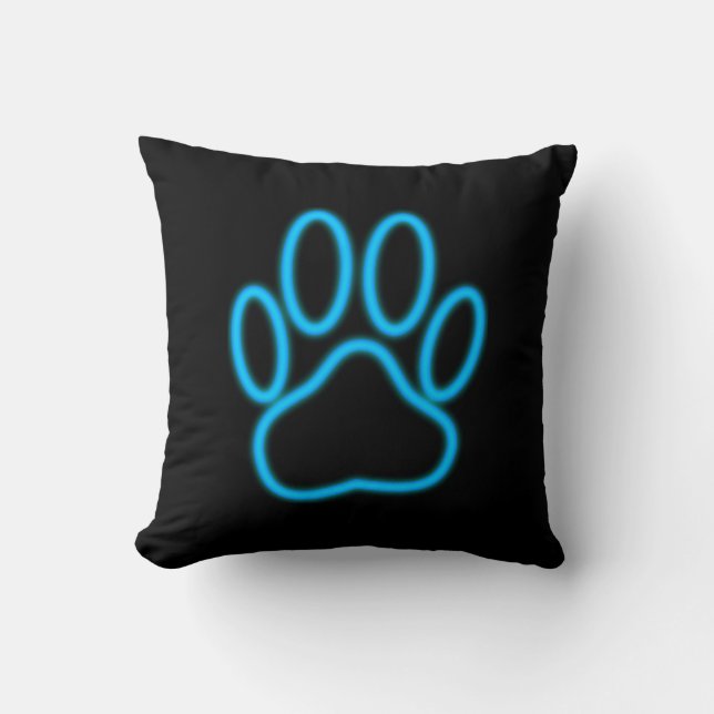 Blue Neon Dog Paw Print Kussen (Voorkant)