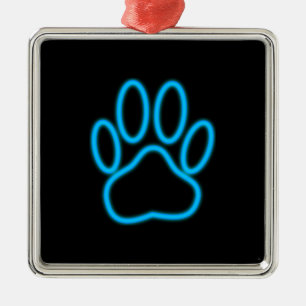 Blue Neon Dog Paw Print Metalen Ornament