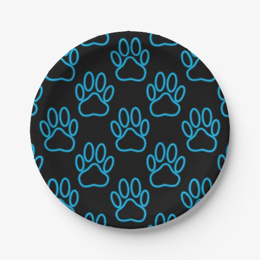 Blue Neon Dog Paw Print Patroon Papieren Bordje (Voorkant)