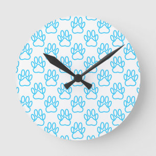 Blue Neon Dog Paw Print Patroon Ronde Klok