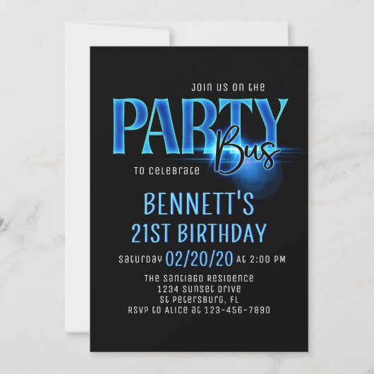 Blue Neon Party Bus Uitnodiging voor verjaardag (Voorkant)