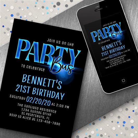 Blue Neon Party Bus Uitnodiging voor verjaardag