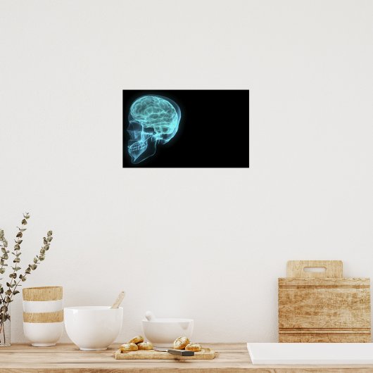 Blue Neon Side Uitzicht X-ray Skull on Black Poster (Keuken)
