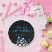 Blue Neon Sneaker Birthday, Glitter  Papieren Bordje (Feest)