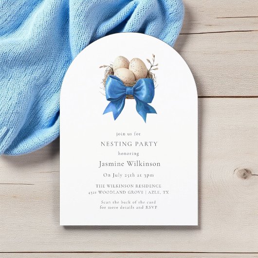 Blue Nesting party minimale uitnodiging met qr-cod
