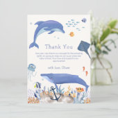 Blue Neutral Ocean Dolphin Whale Boy Baby shower Bedankkaart (Staand voorkant)
