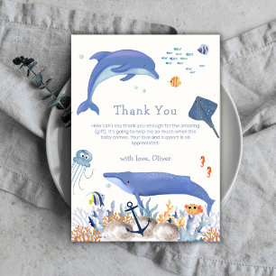 Blue Neutral Ocean Dolphin Whale Boy Baby shower Bedankkaart