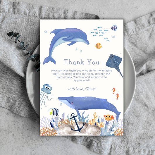 Blue Neutral Ocean Dolphin Whale Boy Baby shower Bedankkaart