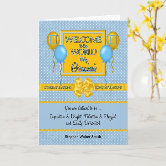 Blue New Baby Boy Gemini Gefeliciteerd Kaart (Gele Bloem)