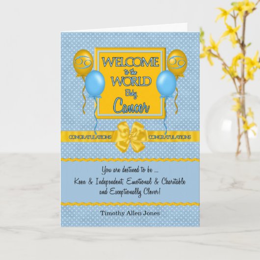 Blue New Baby Cancer Zodiac Gefeliciteerd Kaart (Gele Bloem)