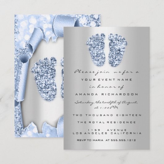 Blue New Baby Shower Feet Boy Silver Kaart (Voorkant / Achterkant)