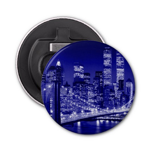 Blue New York City nacht Button Flesopener (Voorkant)