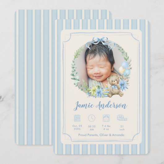 Blue Newborn Birth Photo Baby Boy Announcement Aankondiging (Voorkant / Achterkant)