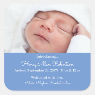 Blue Newborn Photo Birth Announcement Baby Boy Vierkante Sticker