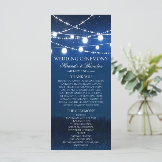 Blue Night and Silver Lights Wedding Program Kaart (Staand voorkant)