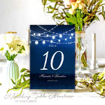 Blue Night and Silver String Lights Wedding Kaart<br><div class="desc">Verlicht uw trouwlocatie met onze Blue Night & Silver String Lights Trouwtafelnummers. Stop met het benadrukken van uw trouwtafel nummers, want wij zijn uw partner voor individuele trouwtafel nummers. Deze elegante tafelnummers zijn subtiel met liefde vervaardigd door Mylini Design en worden versterkt door de betoverende gloed van blauwe nacht- en...</div>