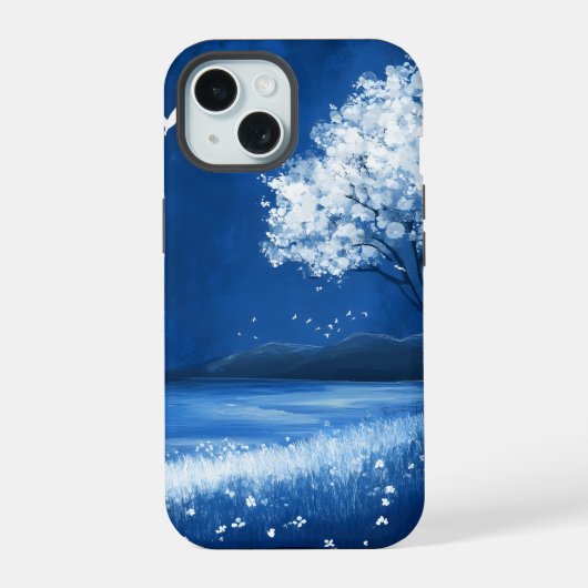 Blue Night Beach Mountain Scene iPhone 15 Case (Achterkant)