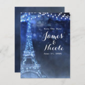 Blue Night in Paris Eiffel Tower Save the Date Aankondigingskaart (Voorkant / Achterkant)