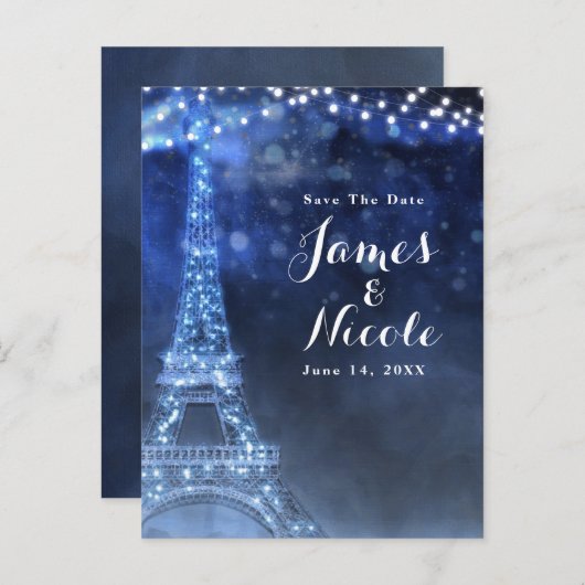 Blue Night in Paris Eiffel Tower Save the Date Aankondigingskaart (Voorkant / Achterkant)