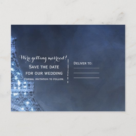 Blue Night in Paris Eiffel Tower Save the Date Aankondigingskaart (Achterkant)