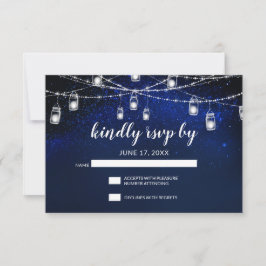Blue Night Silver Mason Jar String Lights Wedding RSVP Kaartje