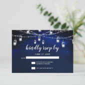 Blue Night Silver Mason Jar String Lights Wedding RSVP Kaartje (Staand voorkant)
