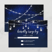 Blue Night Silver Mason Jar String Lights Wedding RSVP Kaartje (Voorkant / Achterkant)