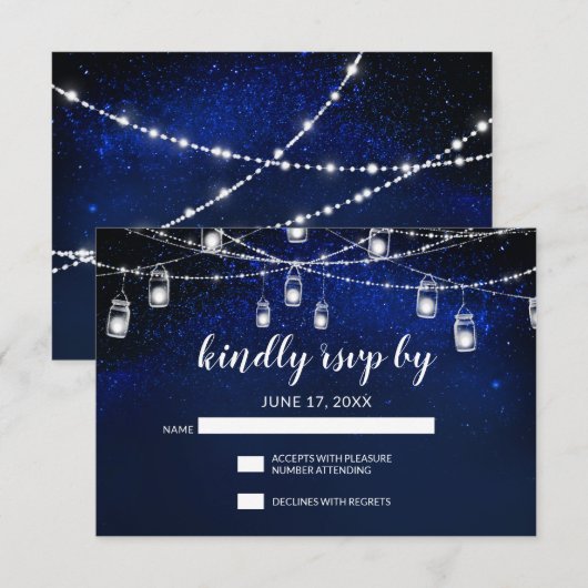 Blue Night Silver Mason Jar String Lights Wedding RSVP Kaartje (Voorkant / Achterkant)