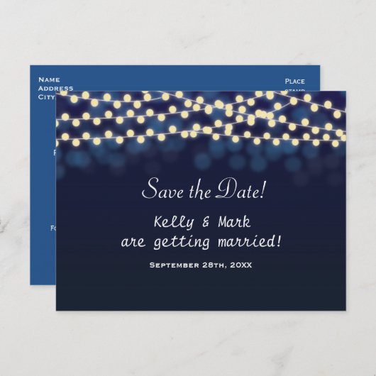 Blue Night Sky String Lights Save Date Briefkaart (Voorkant / Achterkant)