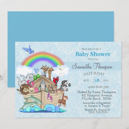 Blue Noah's Ark Baby shower Uitnodiging (Voorkant / Achterkant)