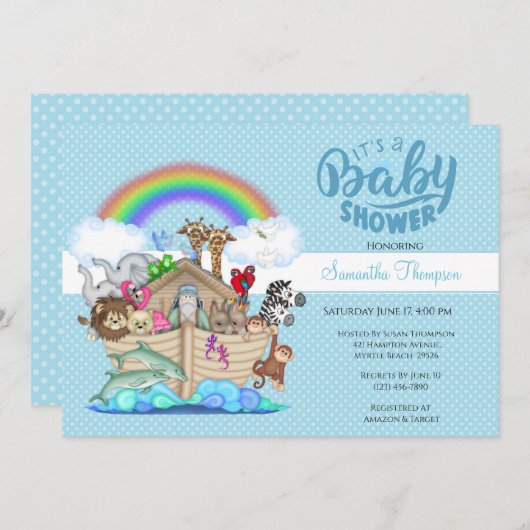 Blue Noah's Ark Baby shower Uitnodiging (Voorkant / Achterkant)