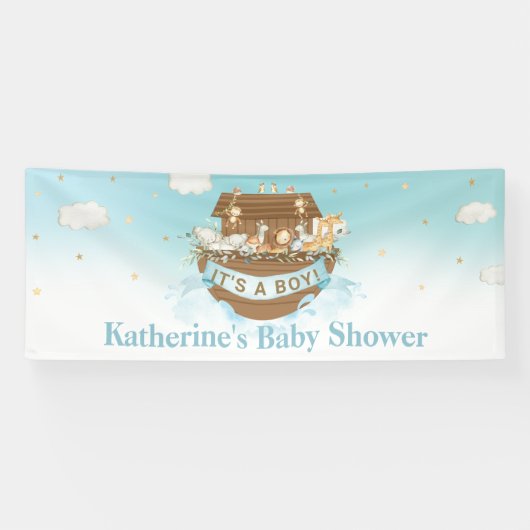 Blue Noah's Ark Boy Baby shower Birthday Baptism Spandoek (Horizontaal)