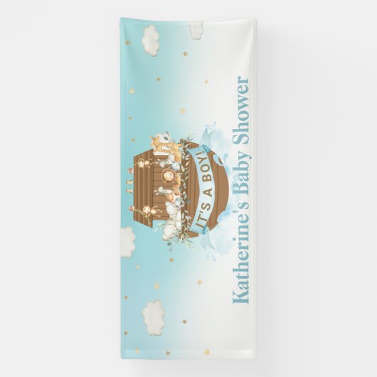 Blue Noah's Ark Boy Baby shower Birthday Baptism Spandoek (Verticaal)