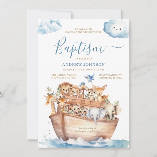 Blue Noah's Ark Leuke Dieren Waterverf Doop Kaart (Voorkant)