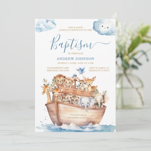 Blue Noah's Ark Leuke Dieren Waterverf Doop Kaart (Staand voorkant)