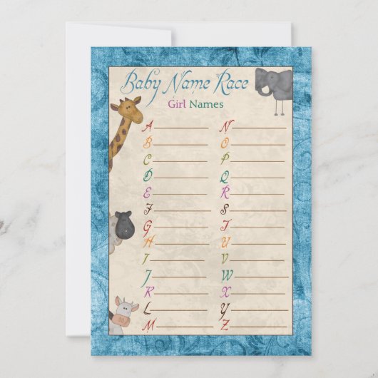 Blue Noah's Ark Naam Race Baby shower Games Kaart (Achterkant)