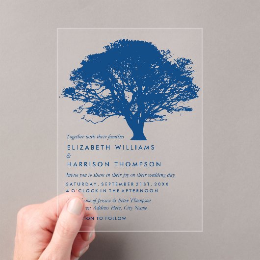 Blue Oak Tree, Rustic & Minimalistic Wedding Acryl Uitnodigingen (Insitu (Draagbaar))