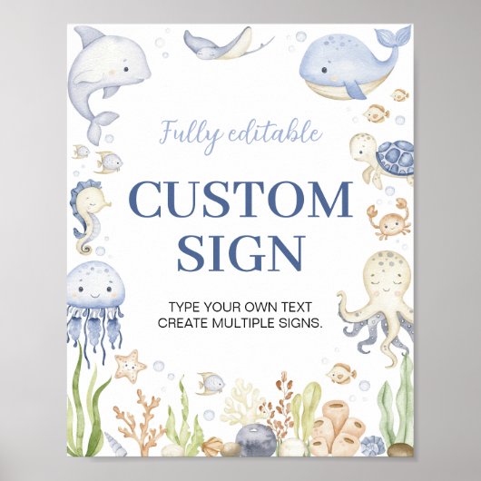 Blue Ocean Animals Boy Party Aangepaste tafel teke Poster (Voorkant)